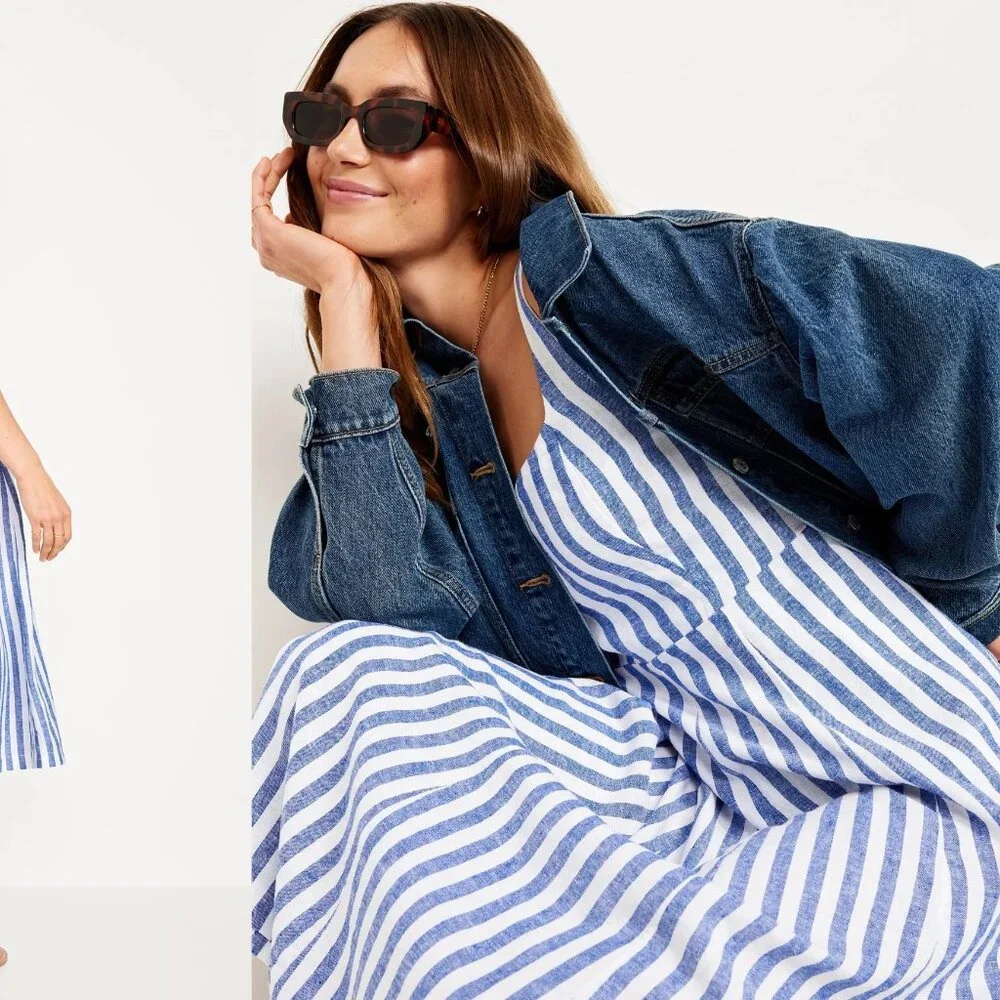 OLD NAVY fit & flare linen-blend midi dress in stripe (S) - Picture 3 of 6